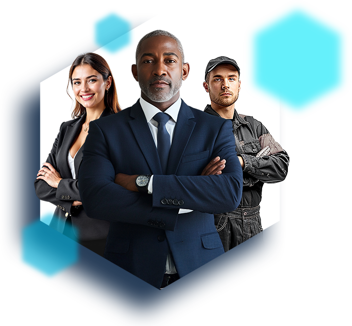 Equipe de três profissionais representando diversidade e colaboração