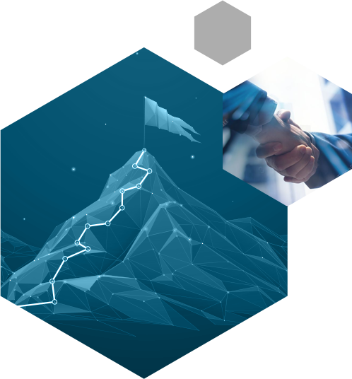 Montanhas e gráficos em um hexágono, representando visão e estratégia